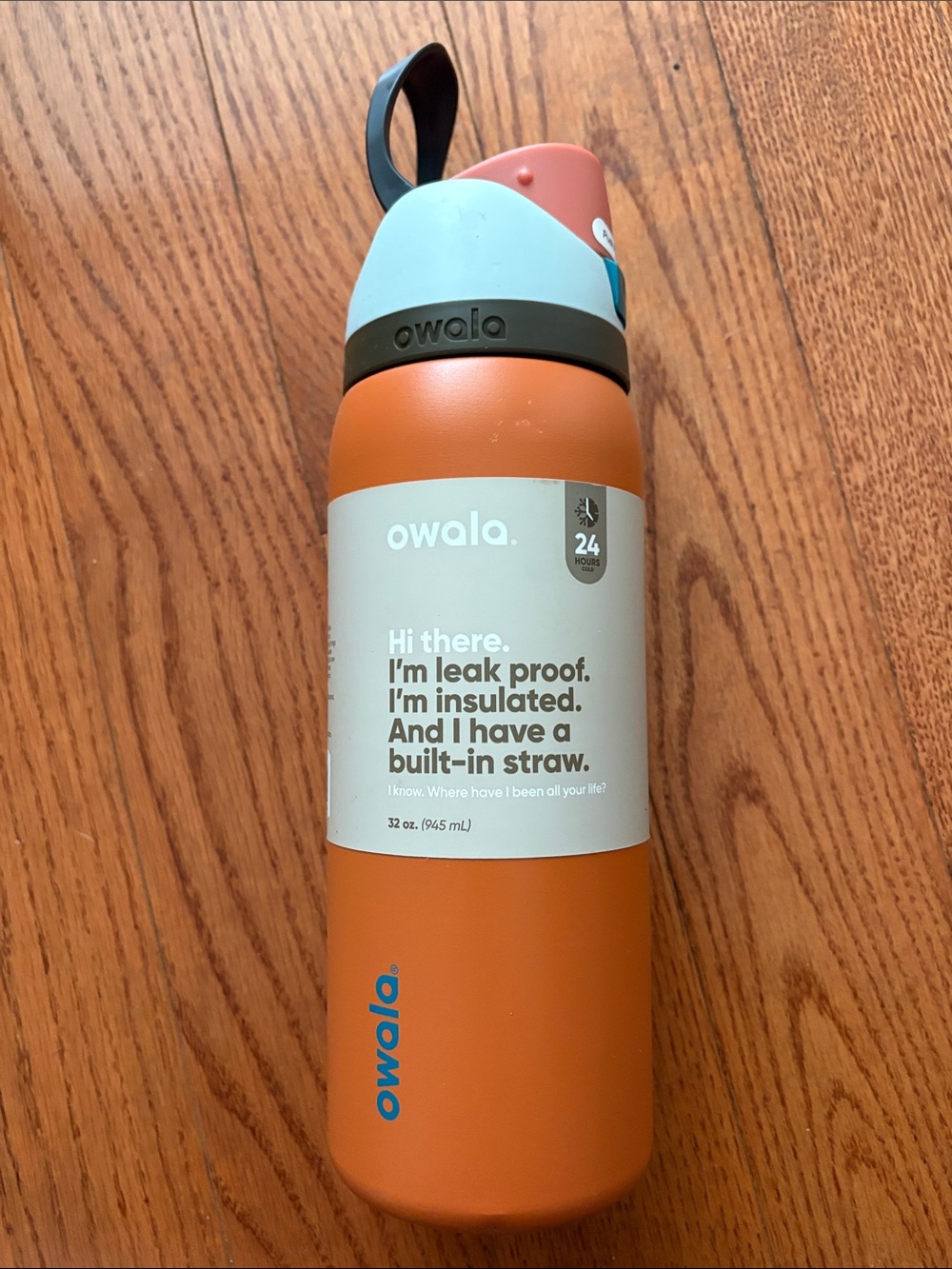 Insulated Orange Water Bottle with Built-In Straw